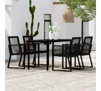 Garden Dining Set 5pc Black PVC Rattan Steel Frame 160x80cm Tempered Glass Table