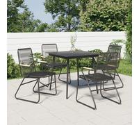 Garden Dining Set 5pc Black PVC Rattan Steel Frame 80x80cm Glass Top Teak Seats