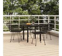 Garden Dining Set 5pc Black Rattan Outdoor Patio with Tempered Glass Table 80cm