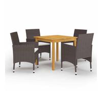 Garden Dining Set 5pc Brown Acacia Wood & Black PE Rattan 85cm Table with cream