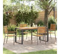 Garden Dining Set 5pc Grey Brown Poly Rattan with Acacia Armrests 160x80cm Steel