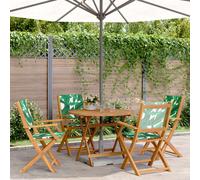 Garden Dining Set 5pc Solid Acacia 90cm Table & Foldable Green Chairs Leaf-Print