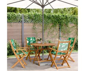 Garden Dining Set 5pc Solid Acacia 90cm Table & Foldable Green Chairs Leaf-Print