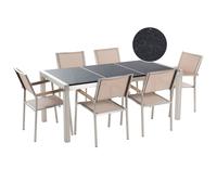 Garden Dining Set 6 Seater GROSSETO Triple Plate Granite Polished Black/ Beige