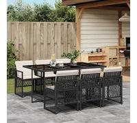 Garden dining set 7-piece Black PE rattan 165x106x73cm tempered glass cream cush