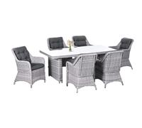 Garden Dining Set 7-Piece PE Rattan Aluminium Table 200x100x74cm Grey Glass Top