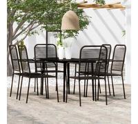 Garden Dining Set 7pc Black Powder-Coated Steel Glass 140cm Table Cotton Rope x4