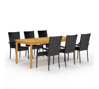 Garden Dining Set 7pc Black Solid Acacia Table 200x100x74cm PE Rattan Chairs x6