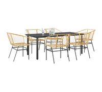 Garden Dining Set 7pc Brown Poly Rattan Powder-Coated Steel Glass 200x100x74 cm
