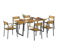 Garden Dining Set 7pc Brown Steel & Fir Wood Table 175x80x75cm Outdoor, 6 Chairs
