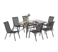 Garden Dining Set 7pc Charcoal Grey Metal Mesh Tempered Glass 150x90cm RoundTbl