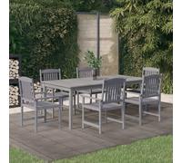 Garden Dining Set 7pc Grey Acacia Wood 200x100cm Table with 6 Chairs & Parasol