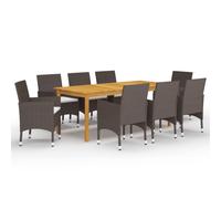 Garden dining set 9pc 200x100x74cm acacia wood table & 8 brown rattan chairs
