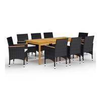 Garden dining set 9pc Black acacia wood PE rattan 200x100cm table with cream pad