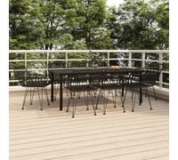 Garden Dining Set 9pc Black PE Rattan Powder-Coated Steel 200x100cm Glass Table