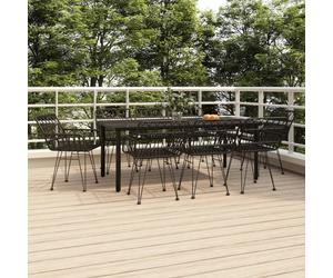 Garden Dining Set 9pc Black PE Rattan Powder-Coated Steel 200x100cm Glass Table