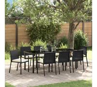 Garden Dining Set 9pc Black Poly Rattan Powder-Coated Steel Rectangular 69.8kg.