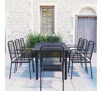 Garden Dining Set 9pc Black Powder-Coated Steel Glass Top 190x90cm Retro Chairs