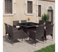 Garden Dining Set 9pc Brown PE Rattan 120x120x75cm Tempered Glass Table Cream x8