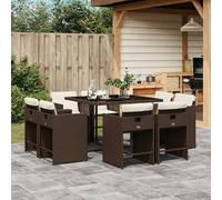 Garden Dining Set 9pc Brown PE Rattan Table 110x106x73cm Cream Cushions Foldable