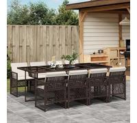 Garden Dining Set 9pc Brown PE Rattan with Cream Cushions 220x106x73cm GlassTop