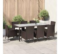 Garden Dining Set 9pc Brown Poly Rattan 190cm Rectangular Table Cushions 4pc Set