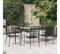 Garden Dining Set Black 160cm Tempered Glass Table Cotton Rope Chairs Steel 4pc