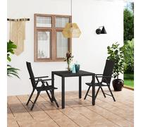 Garden Dining Set Black 3pc WPC Table 79x79cm PE Rattan Chairs Recline Alu Frame