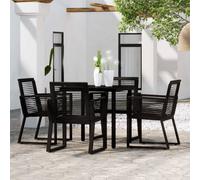 Garden Dining Set Black 5pc 80cm Glass Table PVC Rattan Chairs Steel Outdoor w/