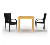 Garden Dining Set Black 85x85x74cm Solid Acacia Table + 2 PE Rattan Chairs Oil