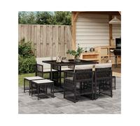 Garden Dining Set - Black PE Rattan 110x106x73cm Tempered Glass Table 9pcs Cream