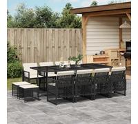 Garden Dining Set Black PE Rattan 12pc Tempered Glass 220x106x73cm Cream & Fold