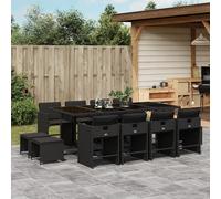 Garden Dining Set Black PE Rattan 220x106x73cm Tempered Glass 13pc with Cushions