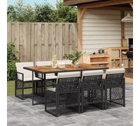 Garden Dining Set Black PE Rattan Acacia Table 165x106x73cm 7pc Cream Foldable