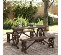 Garden dining set Brown 115x55x65cm Solid fir wood wagon wheel 2 benches + table