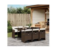 Garden Dining Set Brown PE Rattan 165x106x73cm 7pc Tempered Glass Cream Cushions