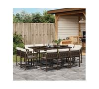 Garden Dining Set Brown PE Rattan 165x106x73cm Tempered Glass Cream Cushions x10