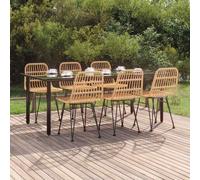Garden Dining Set Brown PE Rattan 200cm Table Steel Frame Glass Top 2pcs Chairs