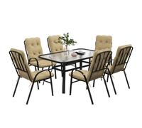 Garden Dining Set, Glass Table w/ Umbrella Hole & Cushion, Beige 7 PCs