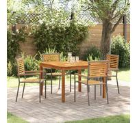 Garden Dining Set Grey 5pc 110x110cm Solid Acacia Wood & Poly Rattan Outdoor Set