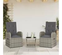 Garden Dining Set Grey PE Rattan 3pc Table & 2 Recliners Tempered Glass Cushions