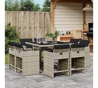 Garden Dining Set Light Grey PE Rattan 9pc 110x106x73cm Tempered Glass Cushions