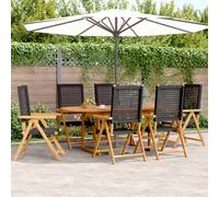 Garden Dining Set Outdoor Black Acacia Wood & Rattan 6pc Extend 150-200x100x75cm