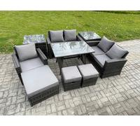 Garden Dining Set Wicker PE Rattan Outdoor Furniture Sofa with Rectangular Dining Table Double Seat Sofa 2 Side Tables 3 Footstools Fimous Dark Grey One Size