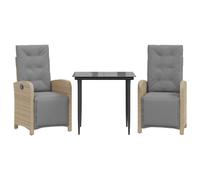 vidaXL Bistro Set 3 Piece with Cushions Table & Chair Light Grey Poly Rattan