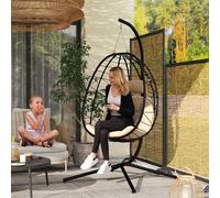 Outsunny Garden Egg Chair Outdoor Hanging Swing Chair, Folding Basket, Grey - Khaki
