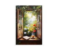 Garden Fake Window Wall Art Hanging Paintings Open Window Garden Poster Print Cóttagecore Poster Nature Inspired for Modern Home Decor 24x36inch(60x90cm)