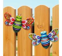 Garden Fence Decorations 3D Mental Wall Art Outdoor for Gardens 2Pcs Hanging Colorful Bees Yard Ornaments Decor