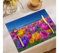 Garden Flowers Cotton and Linen Place Mats for Table 2 Blue And Pink Tulip Fields Printed Placemats Large Cotton Linen Non-Slip Tablemats for Party Kitchen Restaurant (45x30CM)