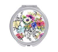Garden Flowers with Leaves Vintage Old Retro Style Folding Make Up Mirror, Compact 2X/1X Magnification Mirror, Women Portable Travel Makeup Mirror 2.4 x 2.4 inch